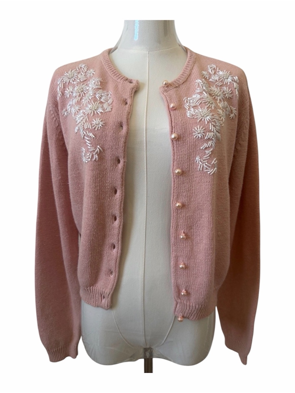 Croquet Club Vintage 80s Soft Pink Beaded Cardigan Size M